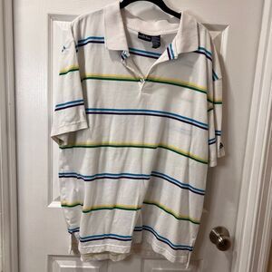Bugle Boy Vintage Striped Polo‎ Shirt White Blue Green Casual Cotton Blend XL